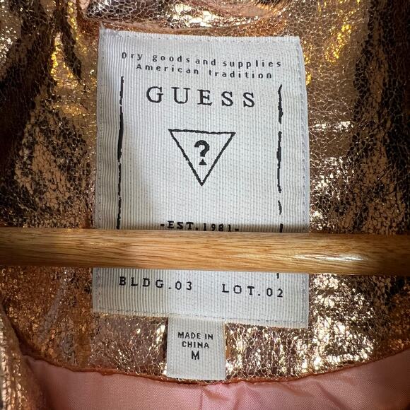 Guess Bomber Jacket Womens M Gold Gray Metallic Foil Varsity Zip Shiny Y2K Glam - Picture 4 of 6